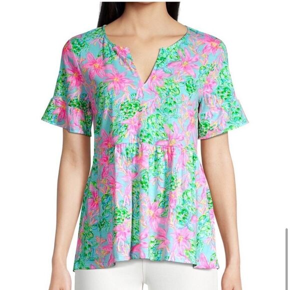 Lilly Pulitzer Jodee Ruffle Sleeve Swing Floral Top - Surf Blue So Shellegant XS - Picture 4 of 9